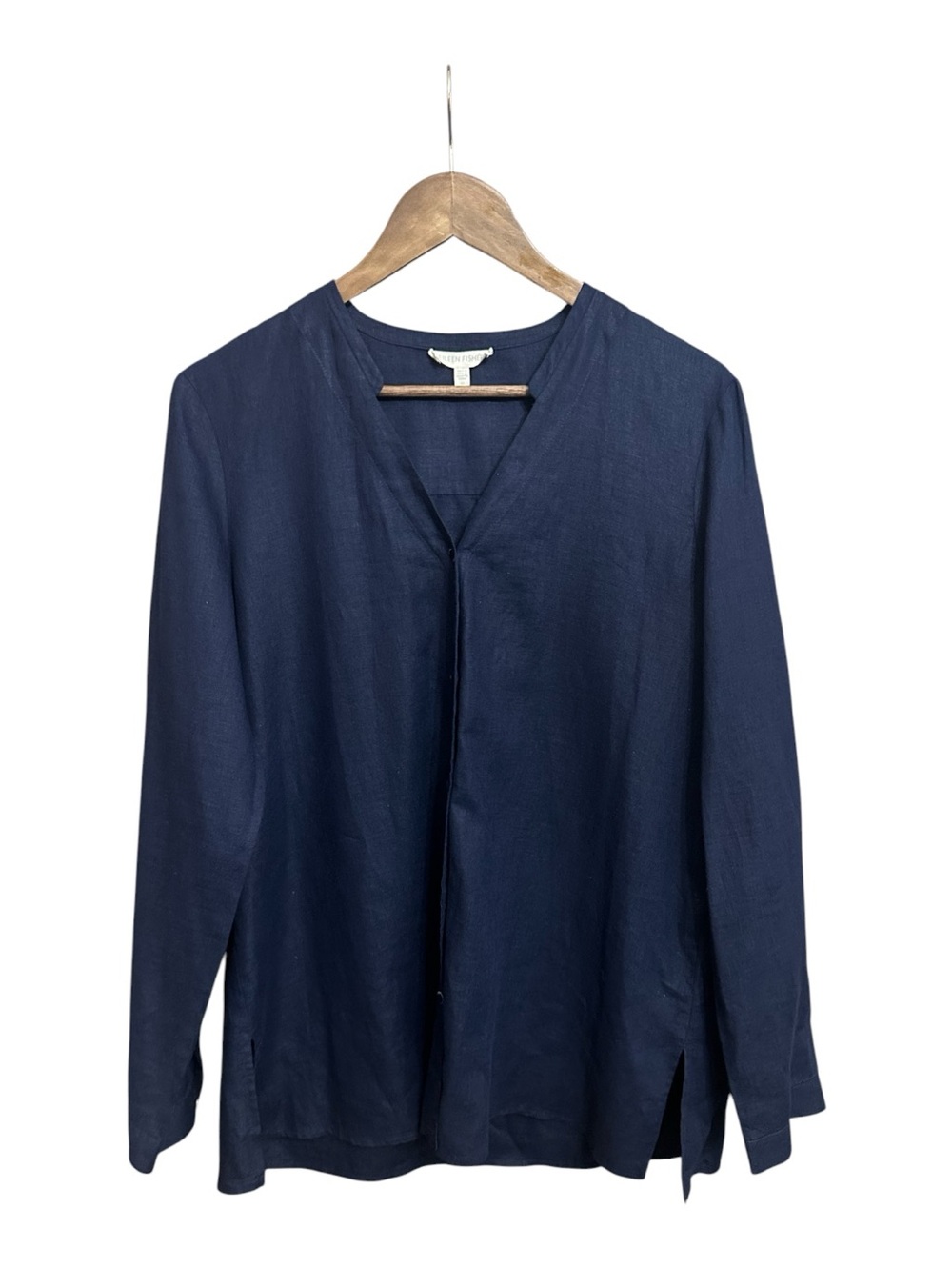 Eileen Fisher 100% Irish Linen Tunic Top Medium Minimalist Lagenlook Navy Scandi